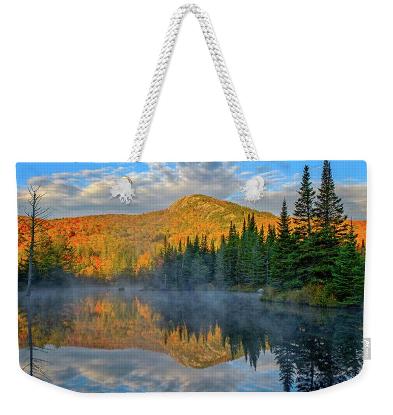 Cumulous Clouds Weekender Tote Bag featuring the photograph Autumn Sky, Mountain Pond by Jeff Sinon