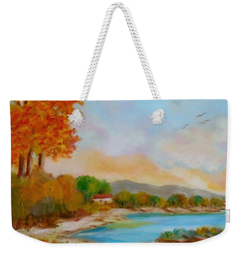 Landscapes Weekender Tote Bag featuring the painting Autumnal Sunset by Konstantinos Charalampopoulos