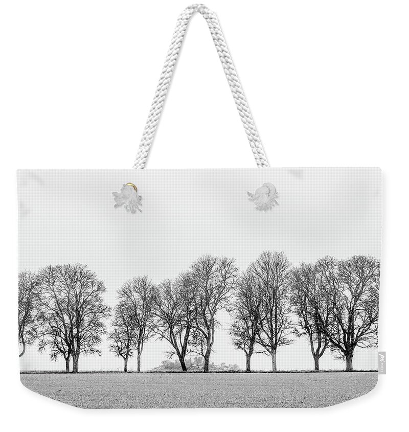 Avenue Of Maple Trees Weekender Tote Bag featuring the photograph Avenue of maple trees in fog a side view in black and white by Torbjorn Swenelius