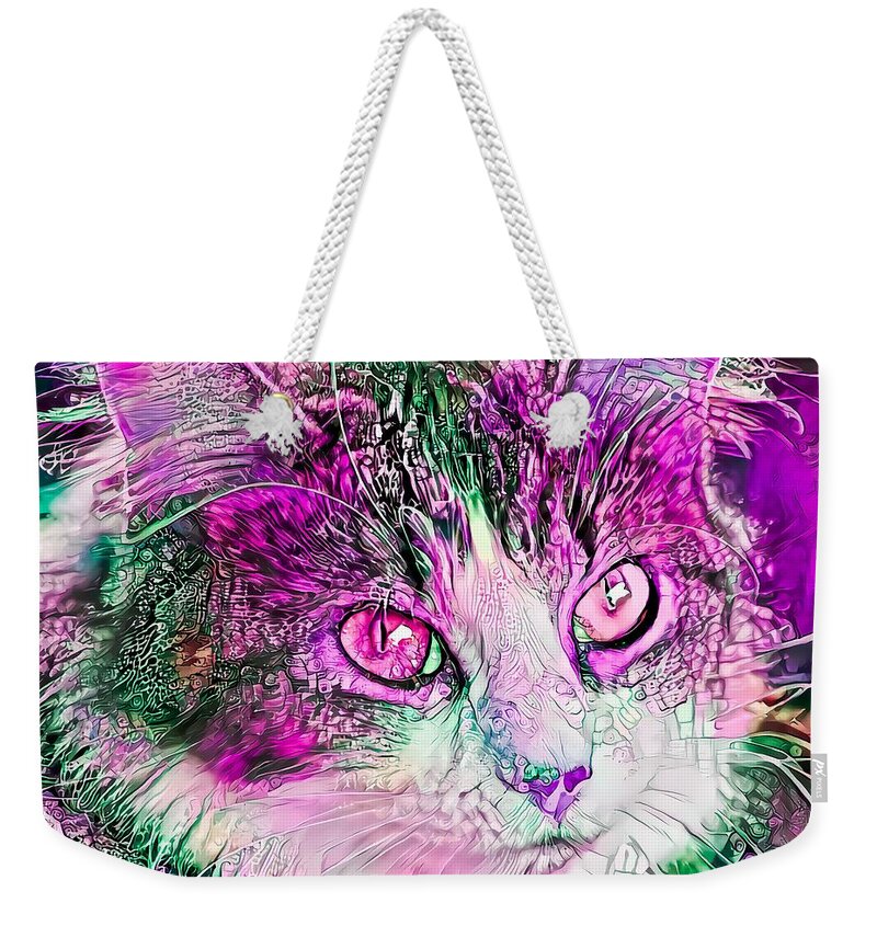 Pink Weekender Tote Bag featuring the digital art Awesome Pink Kitty Face by Don Northup