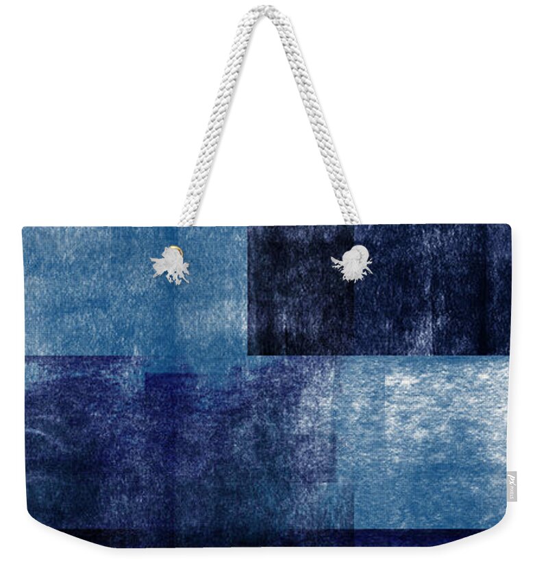 Abstract Weekender Tote Bag featuring the mixed media Azul Blocks 1- Art by Linda Woods by Linda Woods