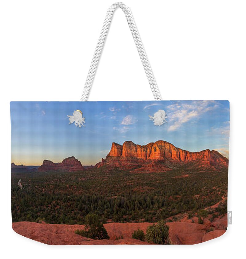 Baby Weekender Tote Bag featuring the photograph Baby Bell Sedona Sunset Panorama by White Mountain Images