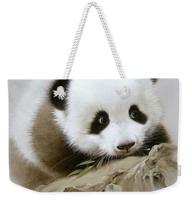 Russian Artists New Wave Weekender Tote Bag featuring the painting Baby Panda with Bamboo Leaves by Alina Oseeva