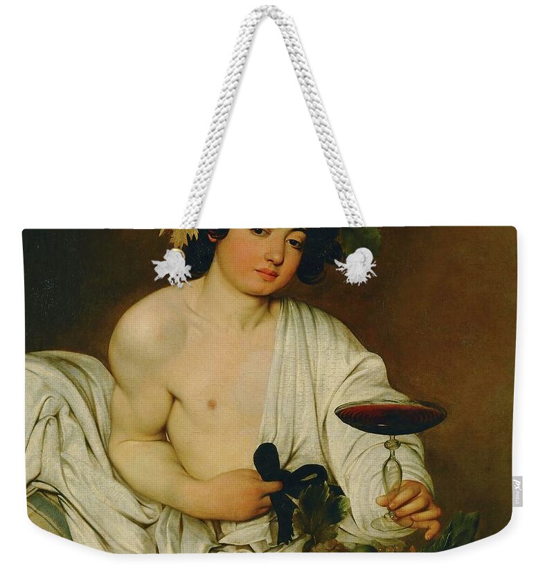 Bacchus Weekender Tote Bag featuring the painting Bacchus, 1589 Canvas, 95 x 85 cm Inv.5312. by Caravaggio -c 1570-1610-