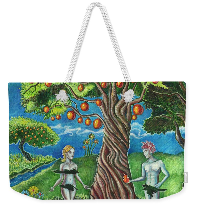 Adam And Eve Weekender Tote Bag featuring the painting Bad and Angelina by Yom Tov Blumenthal