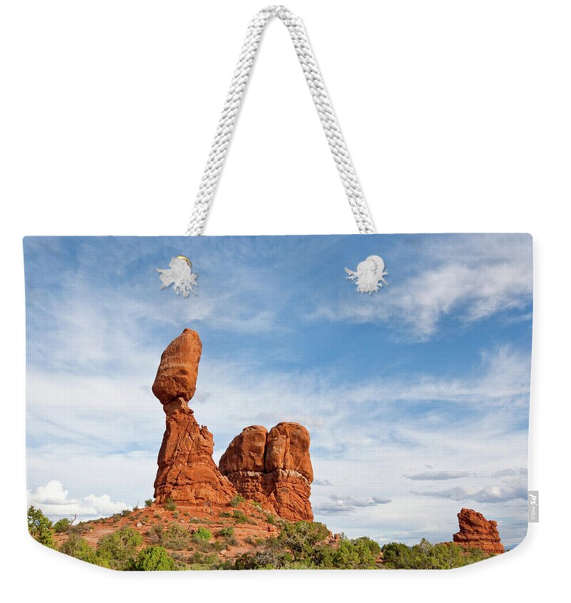 Arches National Park Weekender Tote Bag featuring the photograph Balanced and Ham Rocks by Jeff Goulden