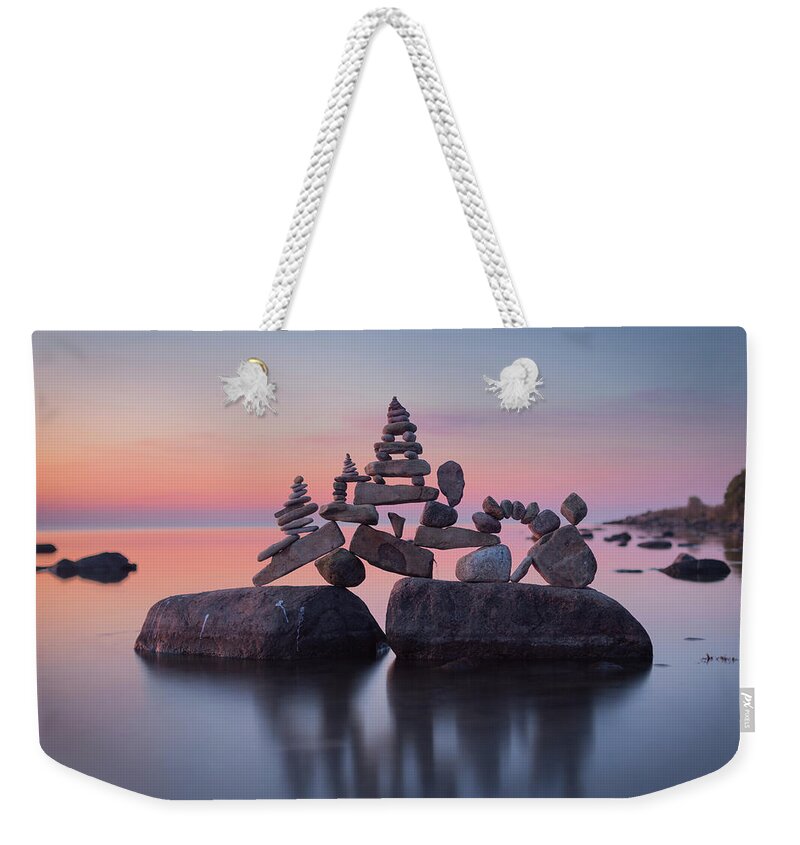 Zen Moment Meditation Peace Calm Focus Relax Balance Mind Soul Rock Yoga Wild Nature Art Love Mothernature Wilderness Fun Artist Creative Play Sculpture Beauty Artwork Sweden Weekender Tote Bag featuring the sculpture Balancing art #86 by Pontus Jansson