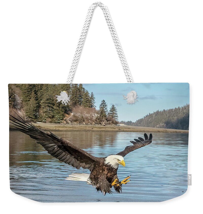 Alaska Weekender Tote Bag featuring the photograph Bald Eagle Fishing in Sadie Cove by James Capo