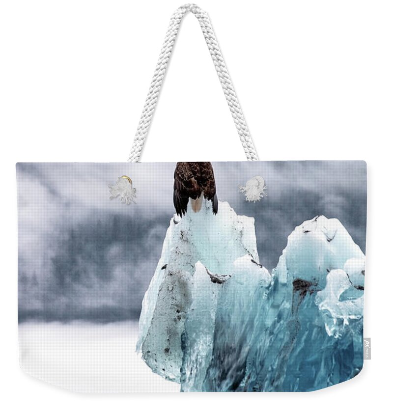 Iceberg Weekender Tote Bag featuring the photograph Bald Eagle On The Glacier by Naphat Photography