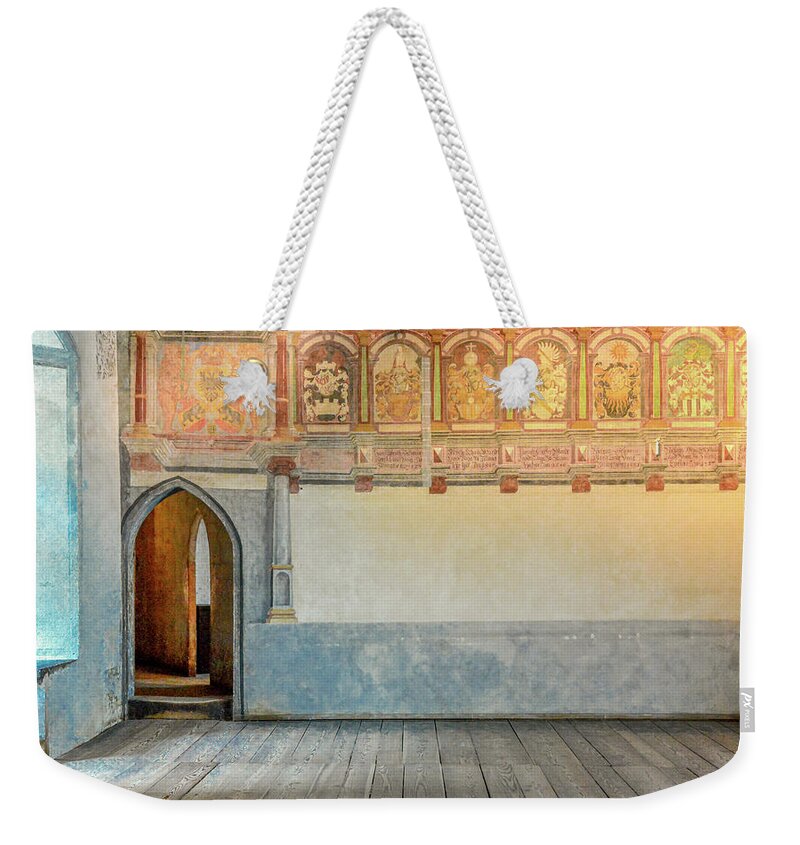 Chateau Chillon Weekender Tote Bag featuring the photograph Hall of the Bailiffs, Chateau Chillon by Marcy Wielfaert