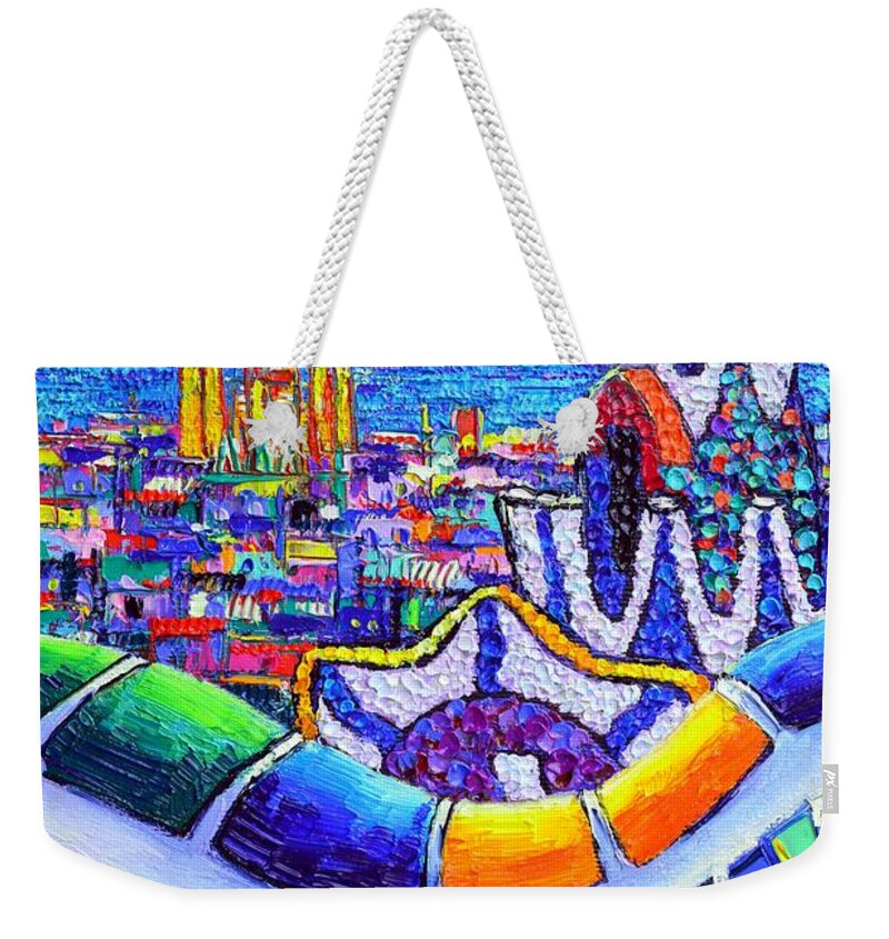 Barcelona Weekender Tote Bag featuring the painting BARCELONA PARK GUELL COLORFUL NIGHT textural impasto knife oil painting abstract Ana Maria Edulescu by Ana Maria Edulescu