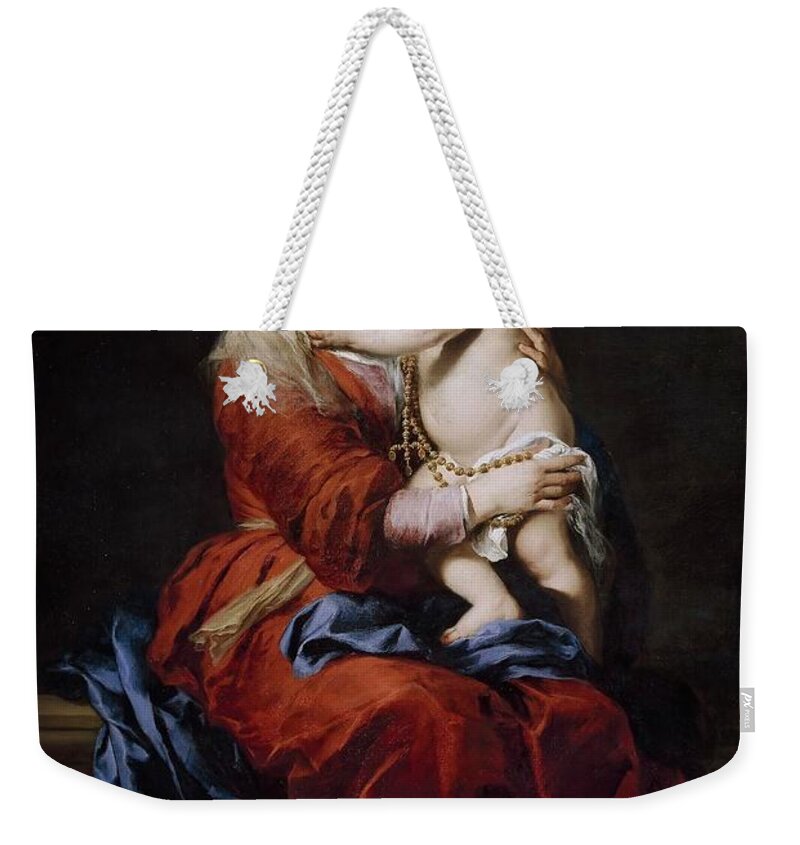 Bartolome Esteban Murillo Weekender Tote Bag featuring the painting Bartolome Esteban Murillo / 'Our Lady of the Rosary', 1650-1655, Spanish School, Oil on canvas. by Bartolome Esteban Murillo -1611-1682-