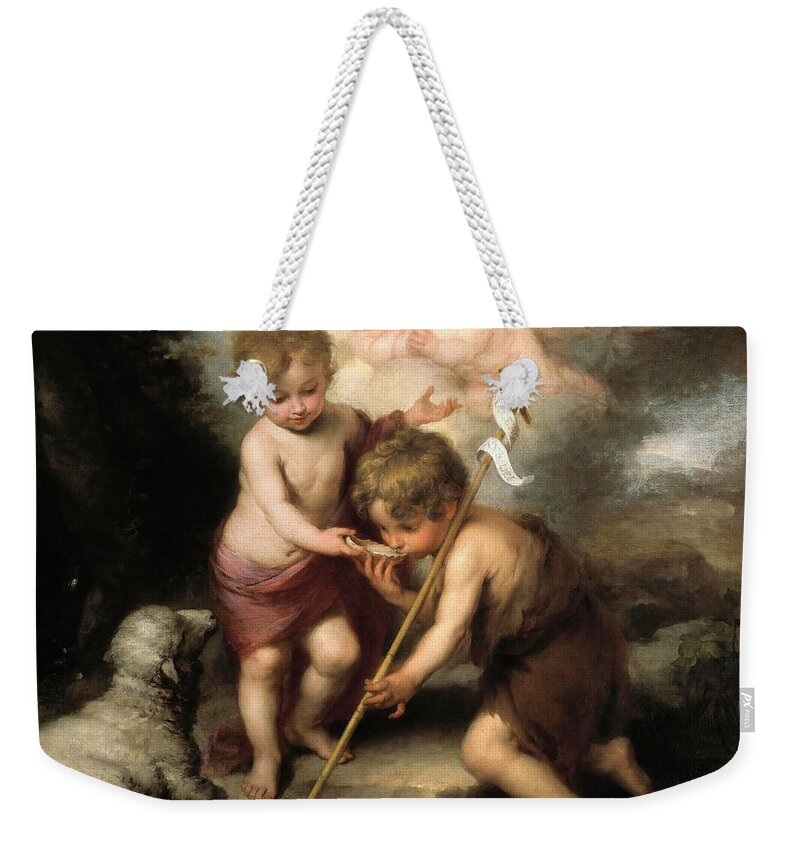 Bartolome Esteban Murillo Weekender Tote Bag featuring the painting Bartolome Esteban Murillo / 'The Holy Children with a Shell', 1670-1675, Spanish School. by Bartolome Esteban Murillo -1611-1682-