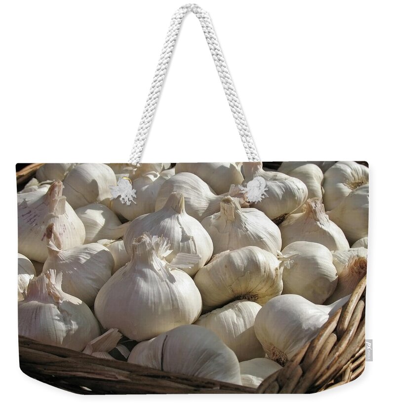 Spice Weekender Tote Bag featuring the photograph Basket Full Of Garlic by Aloha 17