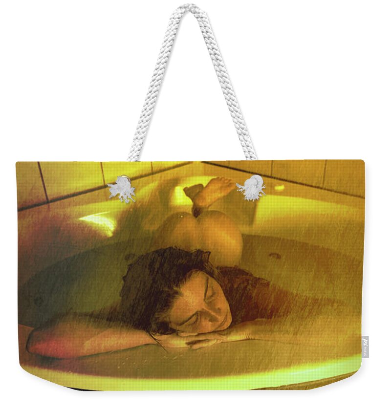 Dark Weekender Tote Bag featuring the digital art Bathed In Golden Light by Recreating Creation