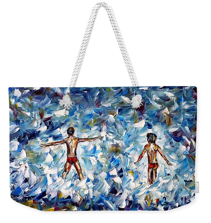 Beach Scene Weekender Tote Bag featuring the painting Bathing Children In The Sea by Mirek Kuzniar