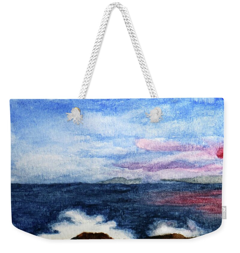 Watercolor Weekender Tote Bag featuring the painting Beach Debris with Waves by Robert Morin