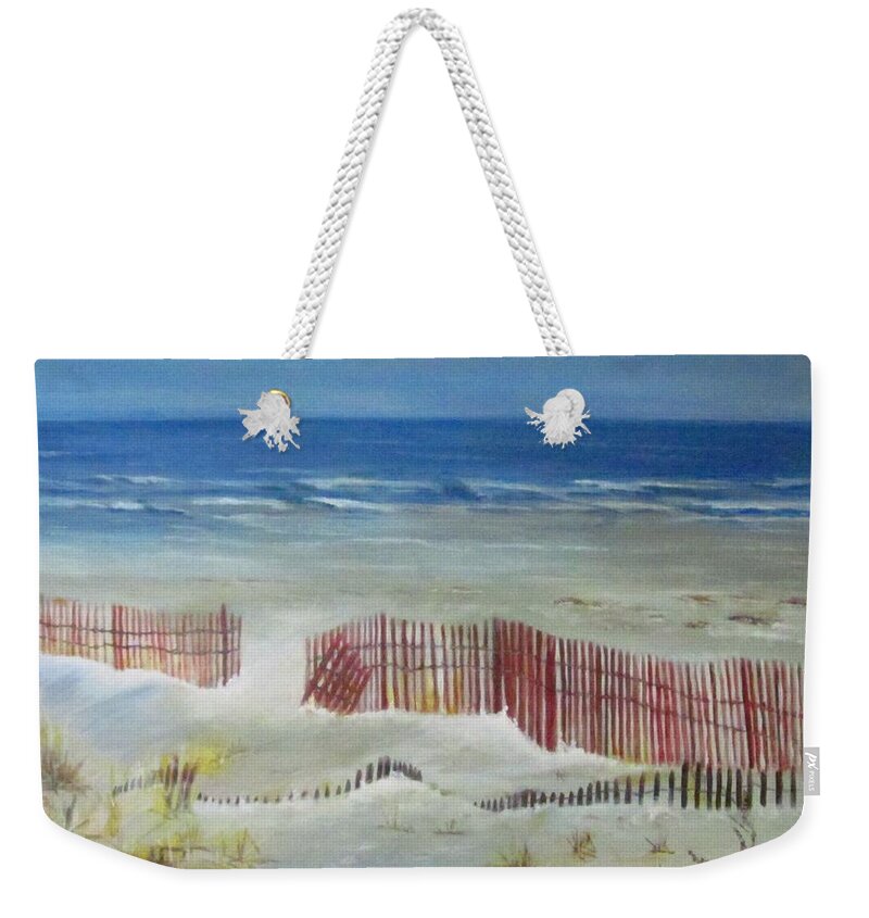 Painting Weekender Tote Bag featuring the painting Beach With Red Fence by Paula Pagliughi