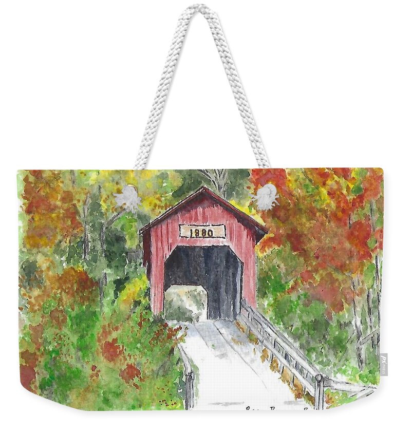 Covered Bridge Weekender Tote Bag featuring the painting Bean Blossom Bridge, Nashville, Indiana by Claudette Carlton