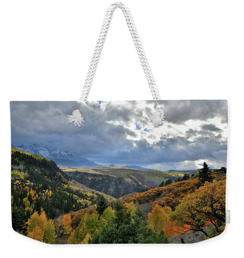 Highway 145 Weekender Tote Bag featuring the photograph Beautiful Fall Colors Seen from Airport in Telluride by Ray Mathis
