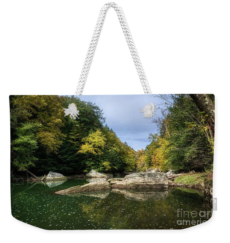Autumn Weekender Tote Bag featuring the digital art Beautiful flowing stream with autumn colors at McConnell's Mil by Amy Cicconi