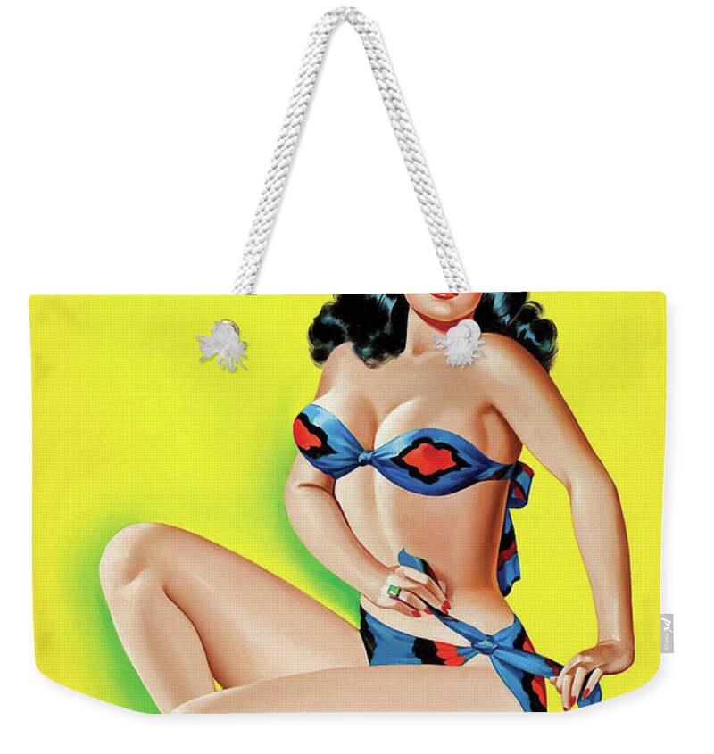 Pinup Weekender Tote Bag featuring the painting Beauty Parade Magazine; Pinup in a Bikini by Peter Driben