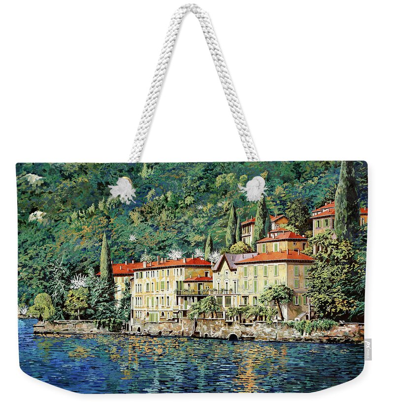 Landscape Weekender Tote Bag featuring the painting Bellano on Lake Como by Guido Borelli