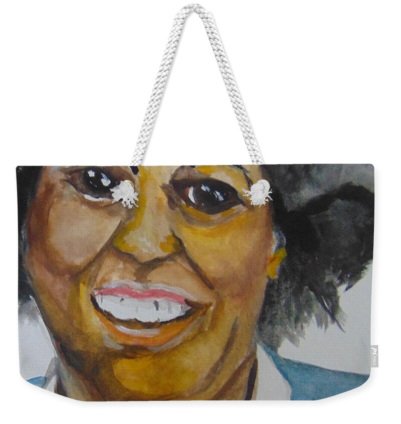 Toni Morrison Weekender Tote Bag featuring the painting Beloved Queen Toni by Saundra Johnson