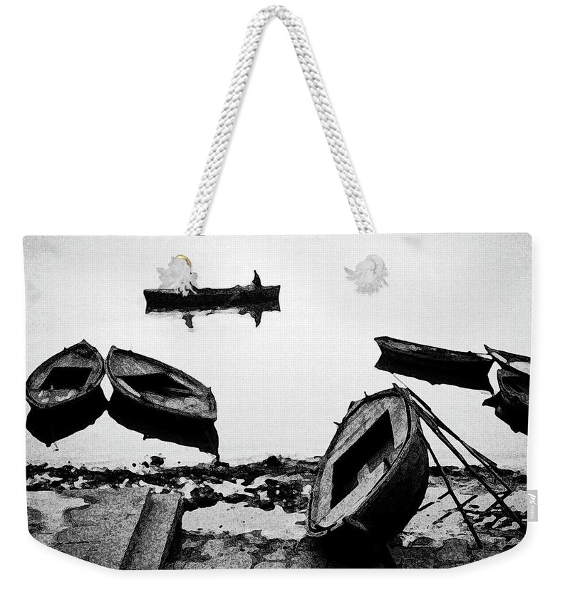 Benares Boats Ganges River Weekender Tote Bag featuring the photograph Benares Boats by Neil Pankler