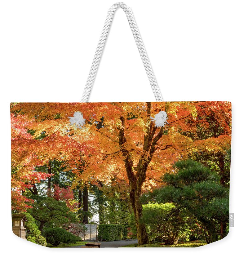 Garden Weekender Tote Bag featuring the photograph Bench in Japanese Garden by Jean Noren