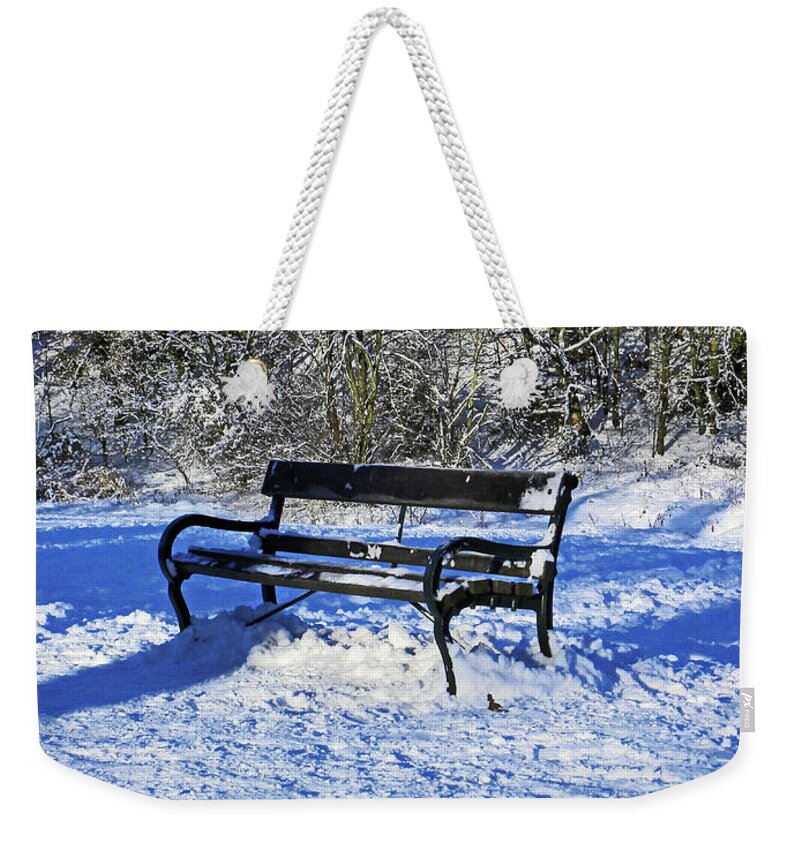 Snow; Snowscape Weekender Tote Bag featuring the photograph Bench In The Snow by Lachlan Main