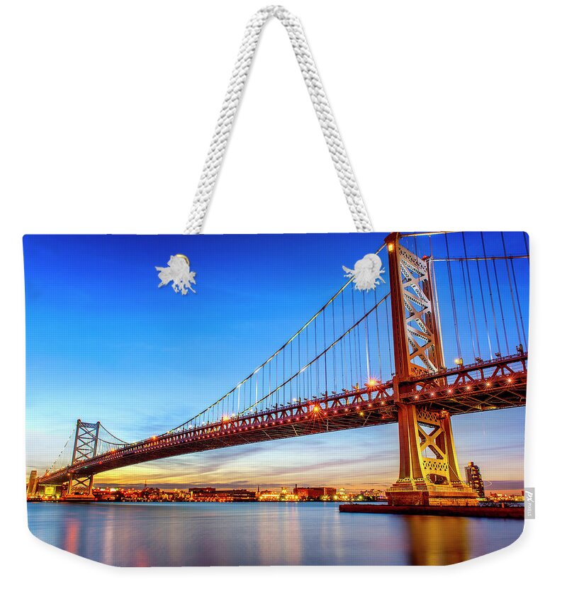 Built Structure Weekender Tote Bag featuring the photograph Benjamin Franklin Bridge, Philadelphia by Jasbassi Photography
