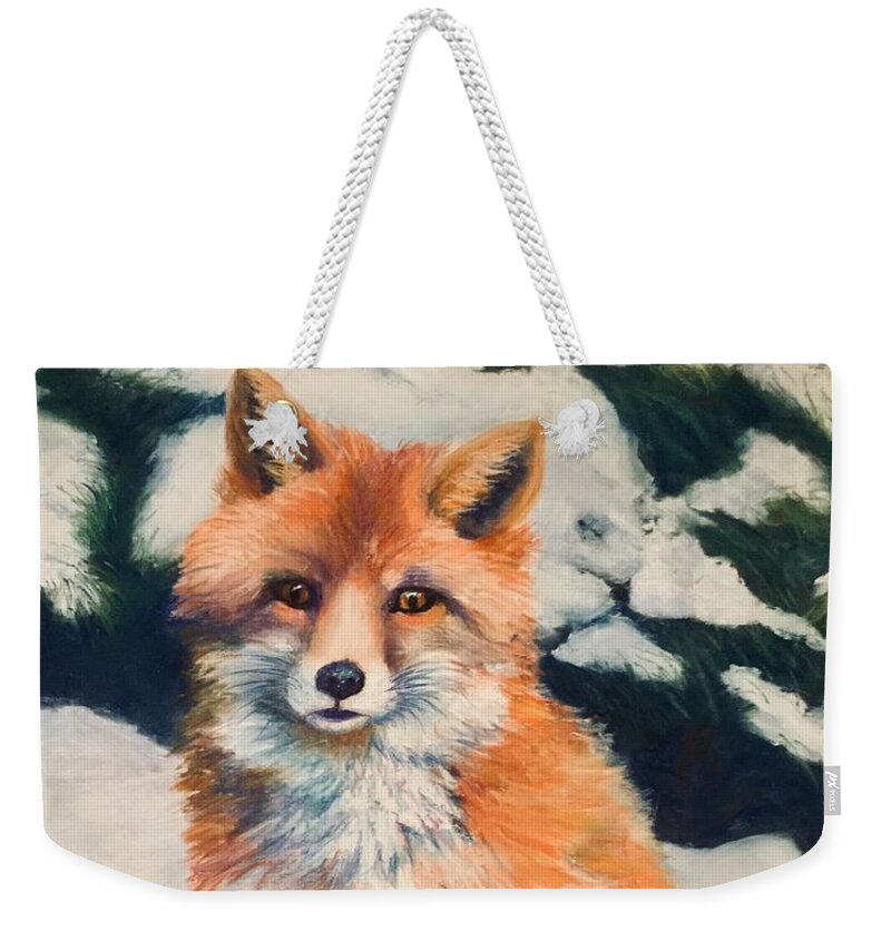 Red Fox Weekender Tote Bag featuring the painting Betcha Cannot Catch Me by Susan Sarabasha