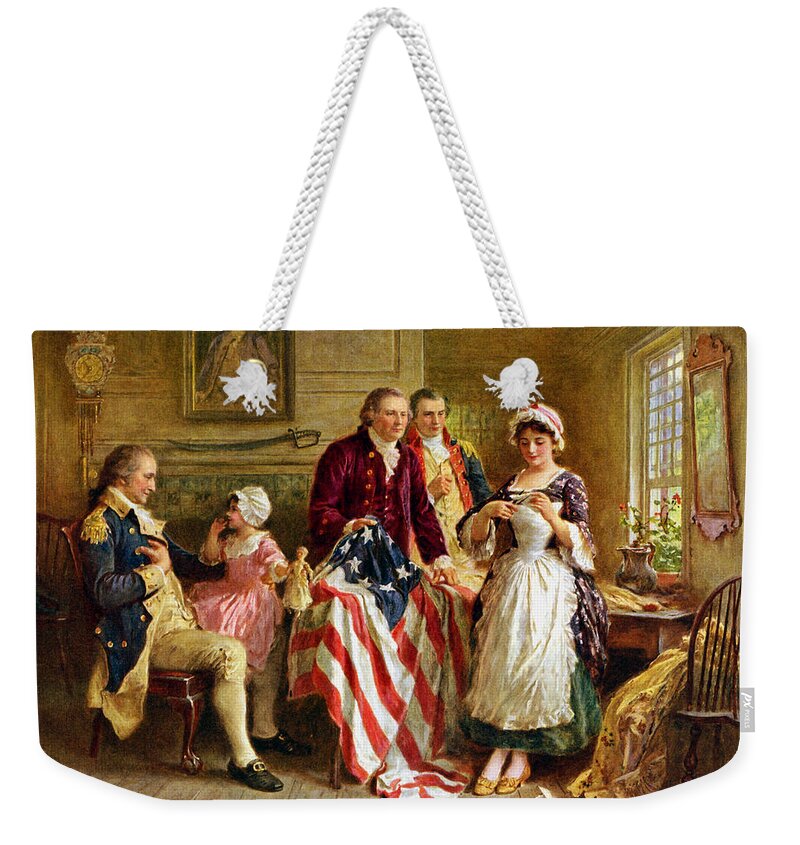 George Washington Weekender Tote Bag featuring the painting Betsy Ross and General George Washington by War Is Hell Store