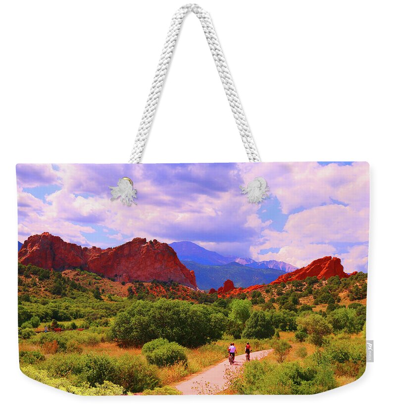 Garden Of The Gods Weekender Tote Bag featuring the photograph Biking Through the Garden of the Gods by Ola Allen