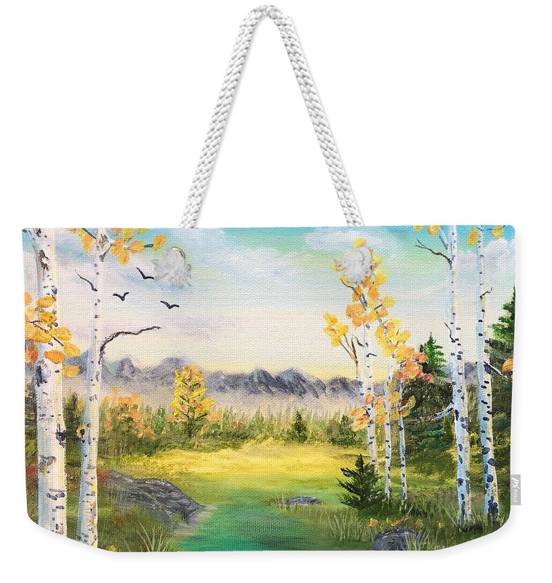 Birch Weekender Tote Bag featuring the painting Birches By The Creek by Monika Shepherdson