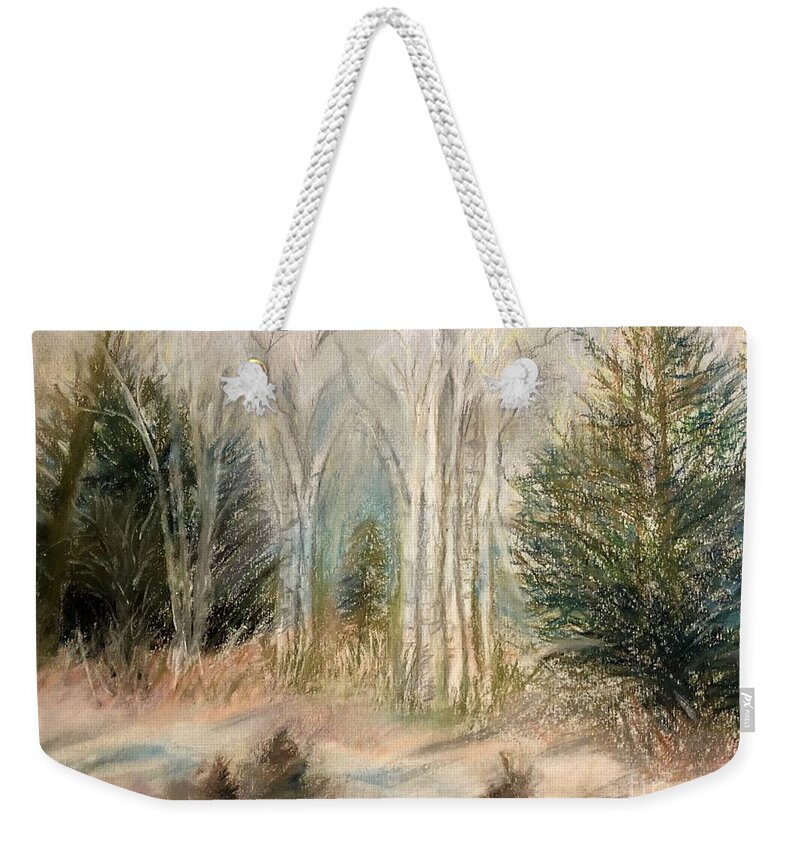 Birch Weekender Tote Bag featuring the painting Foggy Birch by Deb Stroh-Larson