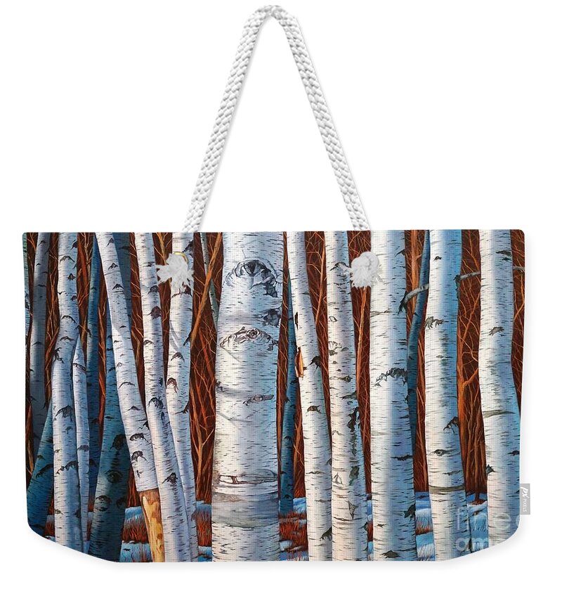 Birch Weekender Tote Bag featuring the painting Birch Trees in early winter in painting by Christopher Shellhammer