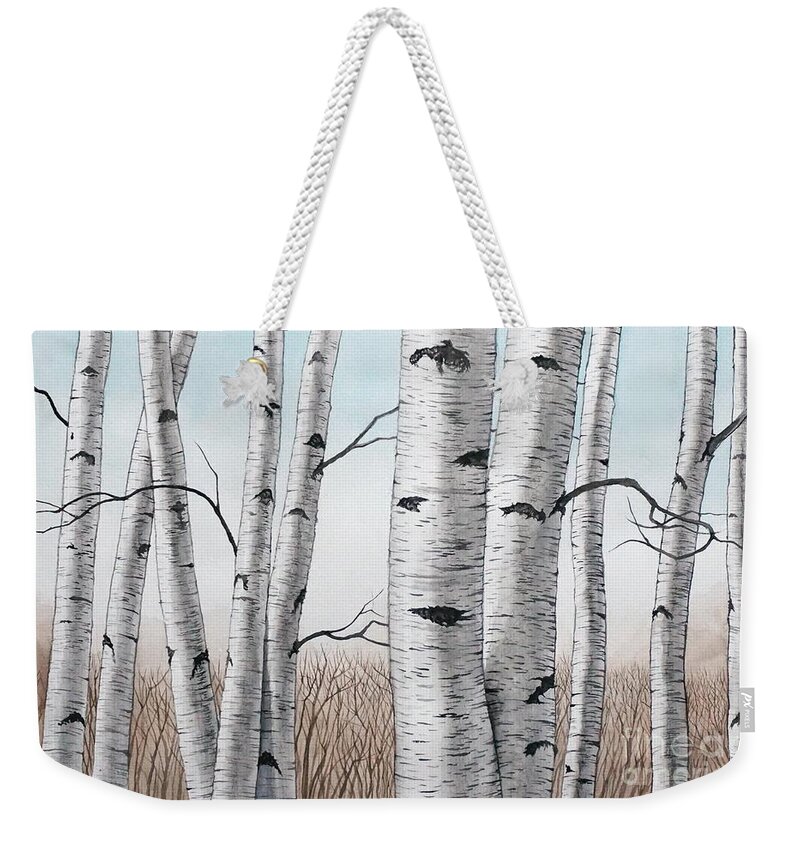 Birch Weekender Tote Bag featuring the painting Birch Trees in Early Winter in Watercolor by Christopher Shellhammer