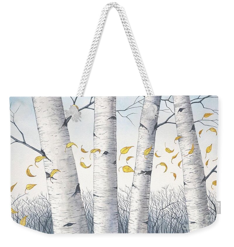 Birch Weekender Tote Bag featuring the painting Birch Trees with flowing leaves in watercolor by Christopher Shellhammer