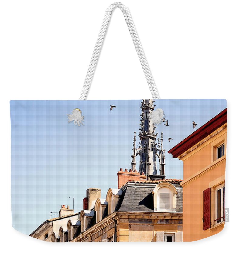 Clear Sky Weekender Tote Bag featuring the photograph Birds Flying Over Church In by Copyrights By Sigfrid López