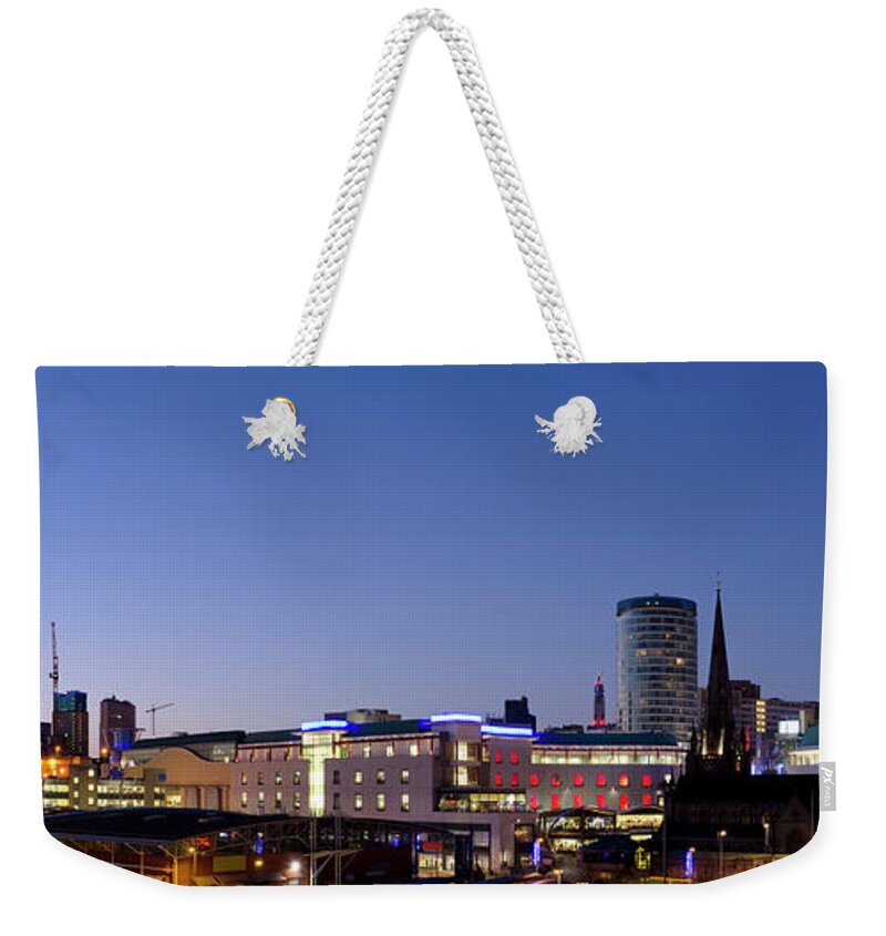 Panoramic Weekender Tote Bag featuring the photograph Birmingham Skyline Night Panorama by Dynasoar