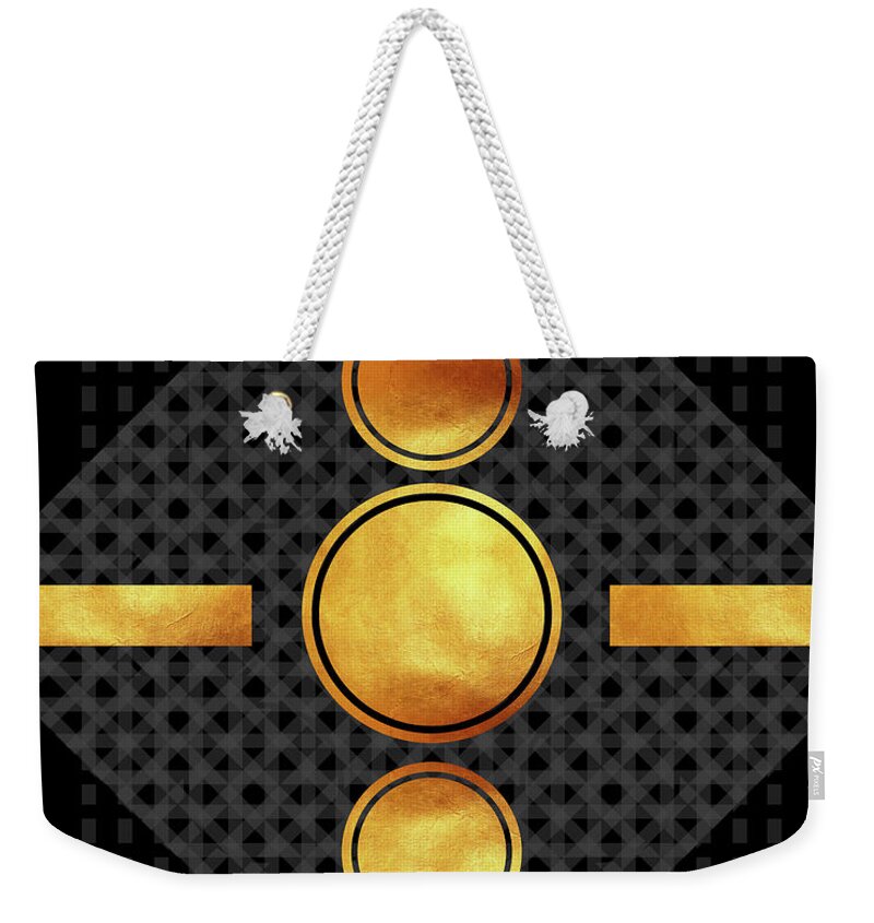 Modern Abstract Weekender Tote Bag featuring the mixed media Black and Gold Abstract - Modern Geometric Abstract - Pattern Design - Art Deco Abstract by Studio Grafiikka