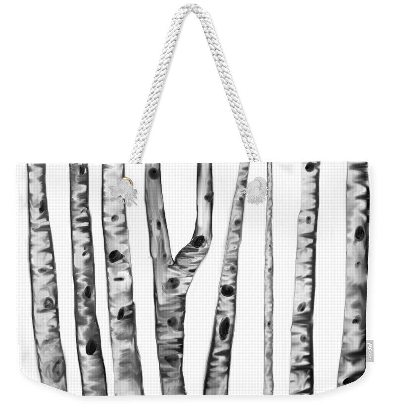Burches Weekender Tote Bag featuring the digital art Black and White Birches by Paula Brown
