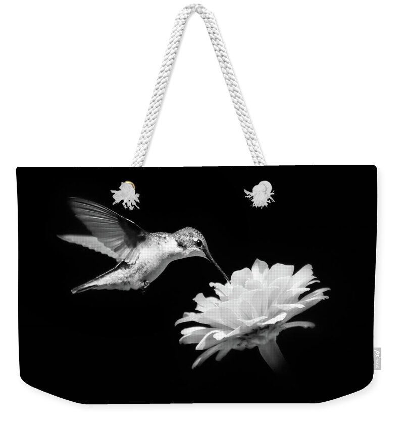 Hummingbird Weekender Tote Bag featuring the photograph Black and White Hummingbird and Flower by Christina Rollo