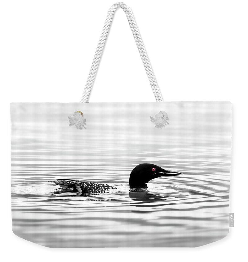 Loon Weekender Tote Bag featuring the photograph Black And White Loon by Christina Rollo