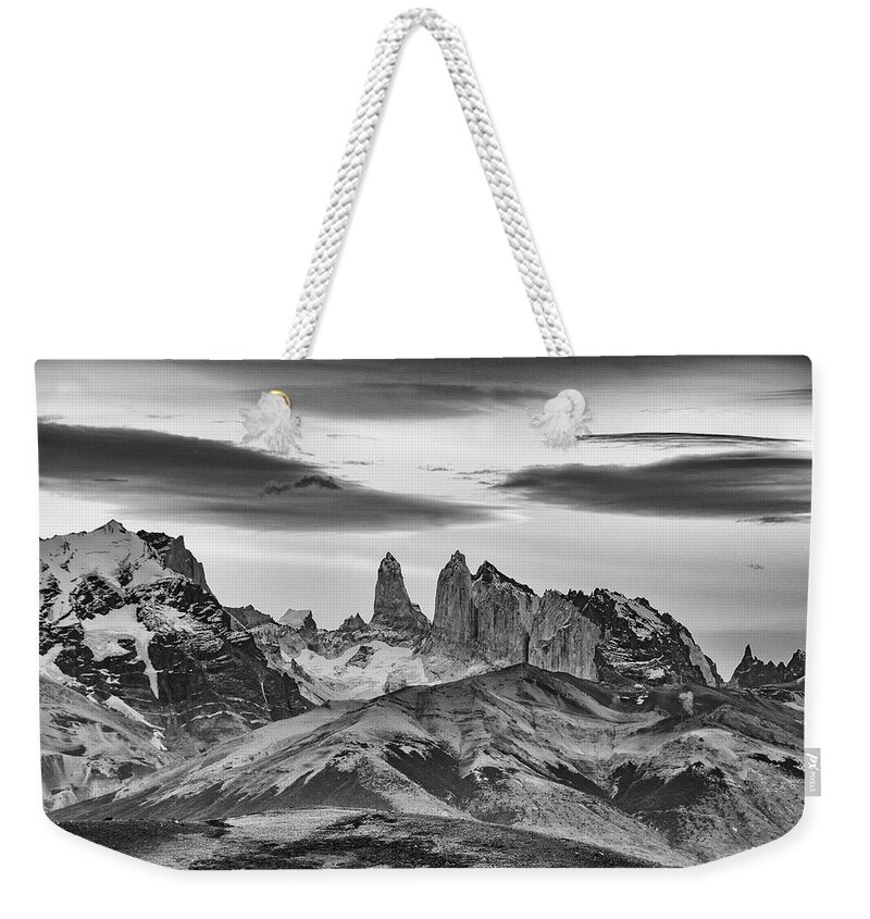 Chile Weekender Tote Bag featuring the photograph Black and White Torres del Paine by Mark Hunter