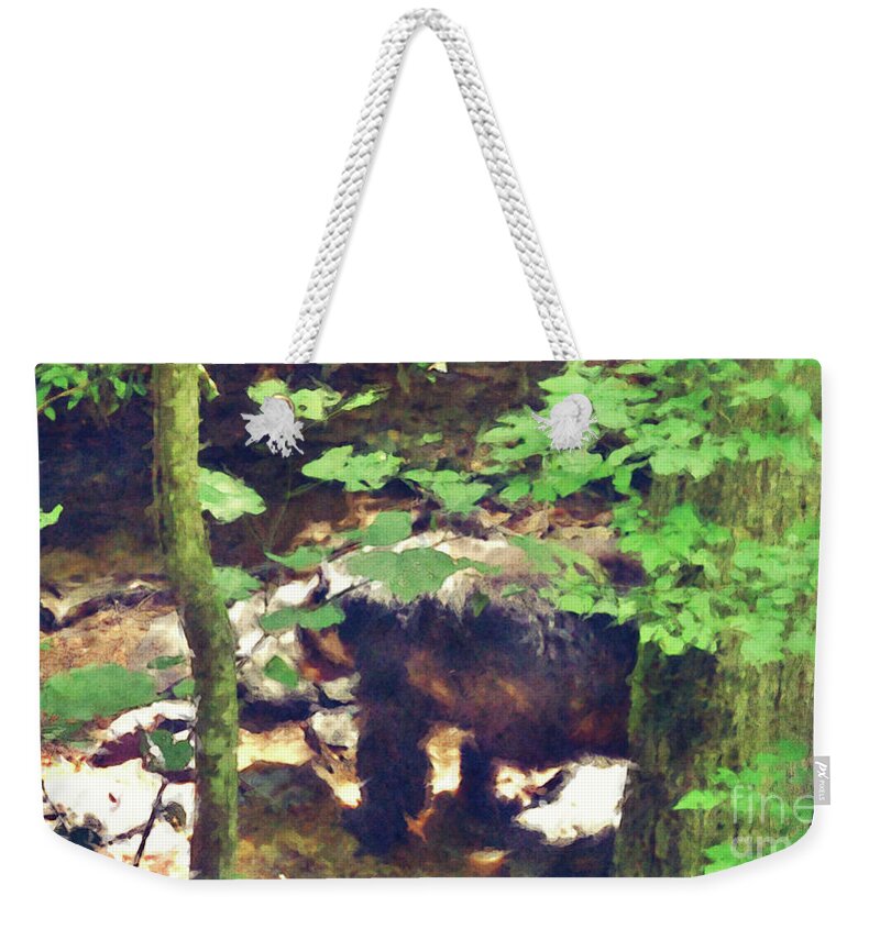 Bear Weekender Tote Bag featuring the digital art Black Bear In Woods by Phil Perkins