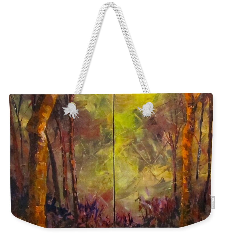 Diptych Weekender Tote Bag featuring the painting Black Bird Forest by Barbara O'Toole