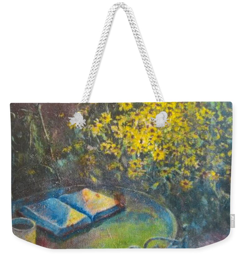 Bible Weekender Tote Bag featuring the painting Black-Eyed Susans and Bible Study by ML McCormick